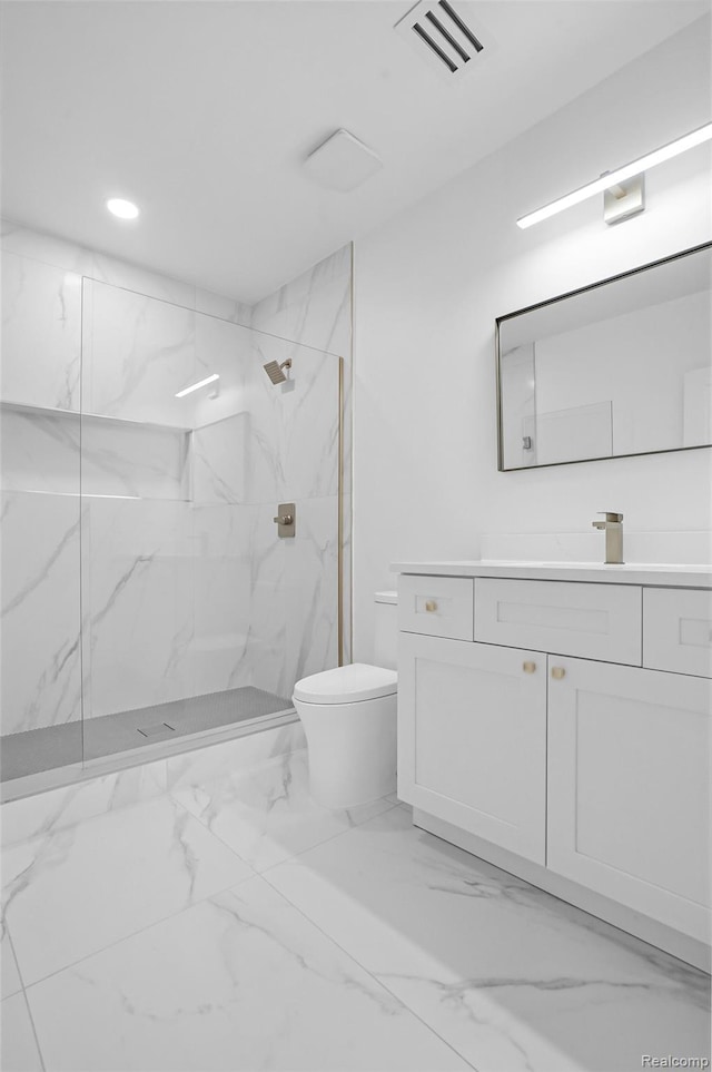 4112 Elmhurst Ave, Royal Oak, MI 48073 - full bath featuring marble look tile flooring, toilet, vanity, a marble finish shower, and recessed lighting
