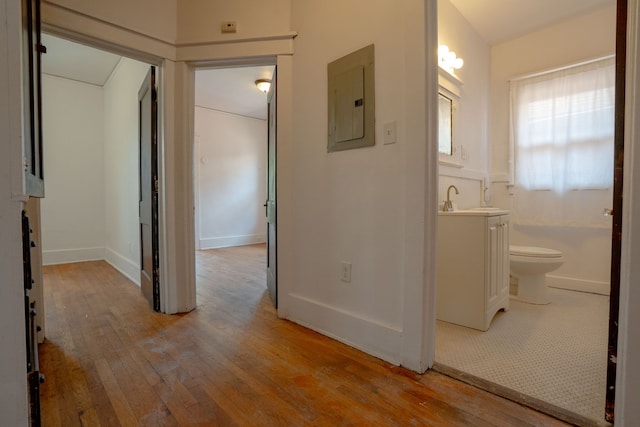 hall featuring electric panel, light wood-type flooring, a sink, and baseboards