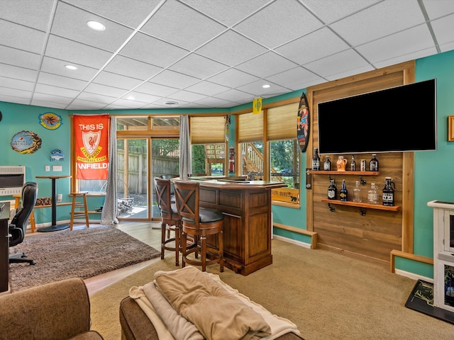 3097 Lansdowne Rd, Waterford, MI 48329 - indoor dry bar with a drop ceiling, baseboards, recessed lighting, and carpet flooring