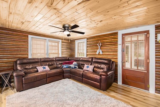 116 Alma Ln, Houghton Lake, MI 48629 - living room with wood ceiling, a ceiling fan, log walls, and wood finished floors