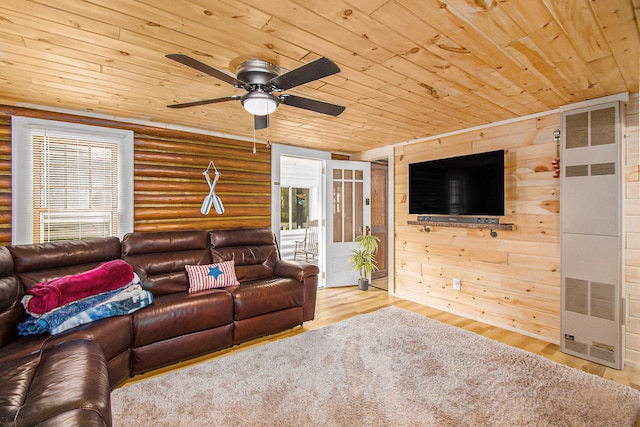 116 Alma Ln, Houghton Lake, MI 48629 - living area with wooden ceiling, a heating unit, ceiling fan, log walls, and wood finished floors