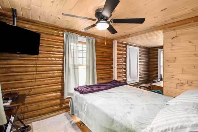 116 Alma Ln, Houghton Lake, MI 48629 - bedroom featuring wooden ceiling, rustic walls, and a ceiling fan