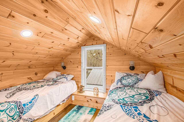 116 Alma Ln, Houghton Lake, MI 48629 - bedroom featuring wood ceiling and wood walls