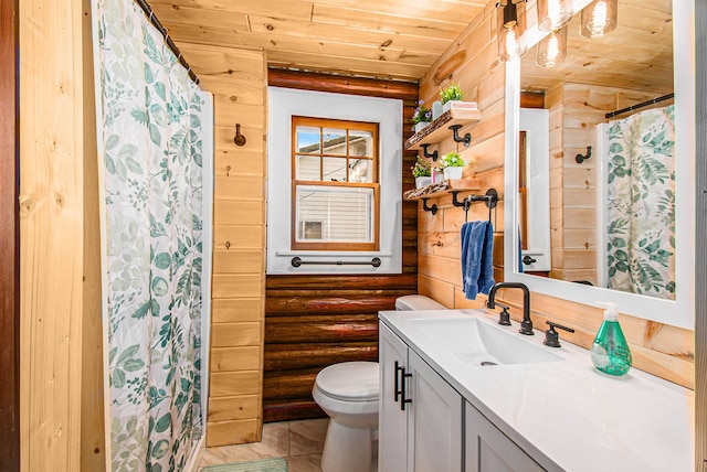 116 Alma Ln, Houghton Lake, MI 48629 - full bathroom with wood ceiling, vanity, toilet, rustic walls, and tile patterned flooring