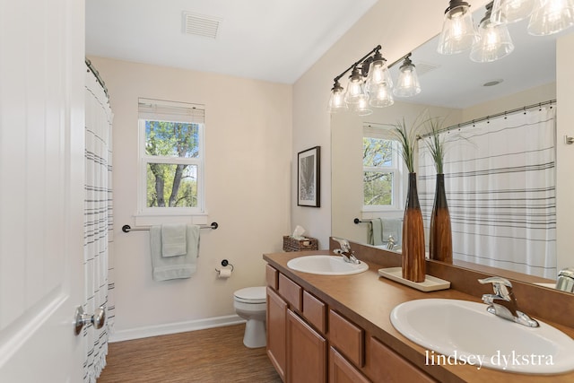 bathroom featuring plenty of natural light, baseboards, toilet, and double vanity