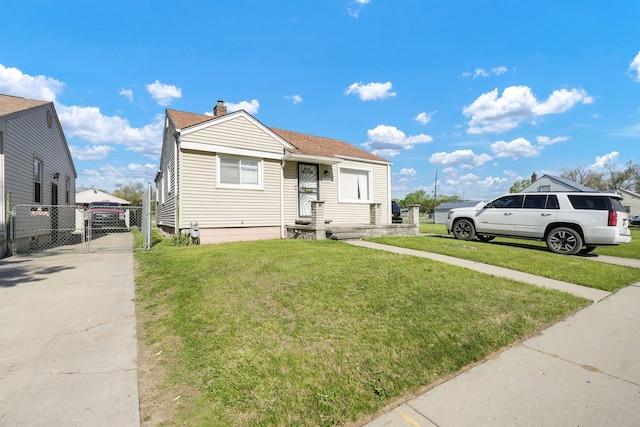 bungalow-style home with a gate, a chimney, and concrete driveway