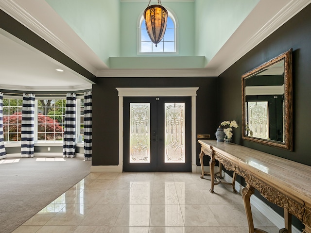 680 Pear Tree Ln, Grosse Pointe Woods, MI 48236 - carpeted foyer with healthy amount of natural light, baseboards, french doors, a high ceiling, and ornamental molding
