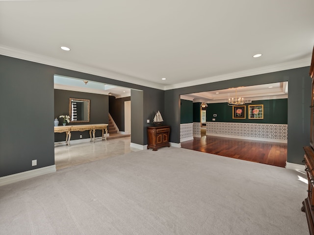 680 Pear Tree Ln, Grosse Pointe Woods, MI 48236 - carpeted spare room with ornamental molding, a chandelier, baseboards, recessed lighting, and stairway