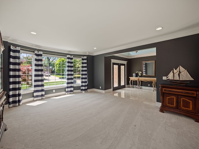 680 Pear Tree Ln, Grosse Pointe Woods, MI 48236 - unfurnished living room featuring ornamental molding, baseboards, carpet floors, recessed lighting, and french doors