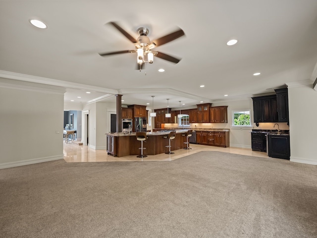 680 Pear Tree Ln, Grosse Pointe Woods, MI 48236 - living area featuring ceiling fan, recessed lighting, ornamental molding, baseboards, and light carpet