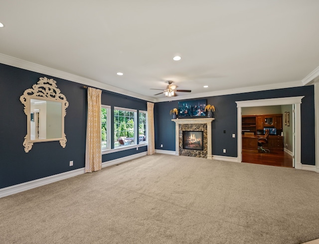 680 Pear Tree Ln, Grosse Pointe Woods, MI 48236 - unfurnished living room featuring ornamental molding, carpet, a fireplace, ceiling fan, and recessed lighting