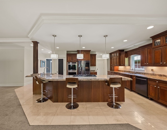 680 Pear Tree Ln, Grosse Pointe Woods, MI 48236 - kitchen featuring stainless steel appliances, crown molding, a kitchen bar, a large island with sink, and recessed lighting