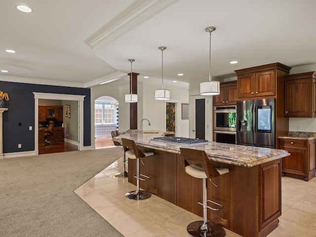680 Pear Tree Ln, Grosse Pointe Woods, MI 48236 - kitchen with appliances with stainless steel finishes, recessed lighting, light stone counters, a kitchen bar, and ornamental molding