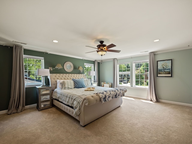 680 Pear Tree Ln, Grosse Pointe Woods, MI 48236 - bedroom featuring ornamental molding, baseboards, light carpet, recessed lighting, and a ceiling fan