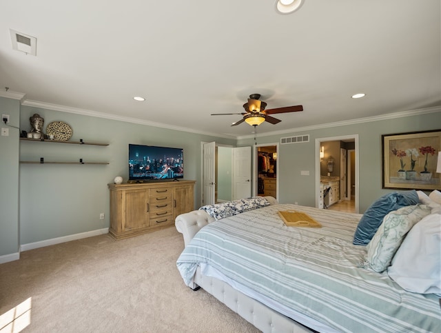 680 Pear Tree Ln, Grosse Pointe Woods, MI 48236 - bedroom with recessed lighting, baseboards, ornamental molding, light carpet, and a ceiling fan