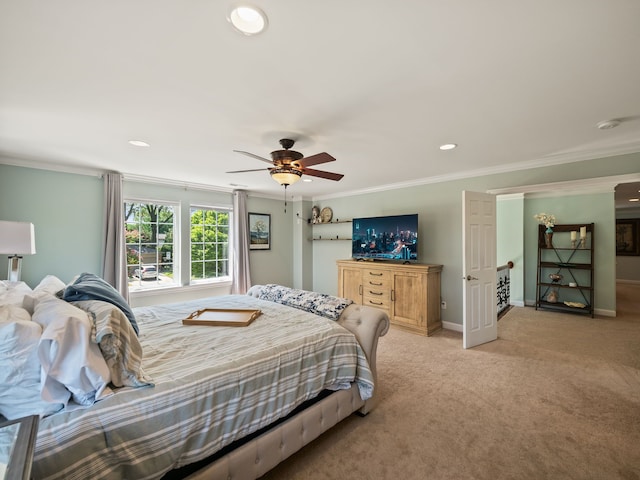 680 Pear Tree Ln, Grosse Pointe Woods, MI 48236 - bedroom featuring carpet, crown molding, baseboards, recessed lighting, and ceiling fan