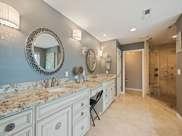 680 Pear Tree Ln, Grosse Pointe Woods, MI 48236 - full bath with a stall shower, vanity, tile patterned floors, baseboards, and recessed lighting
