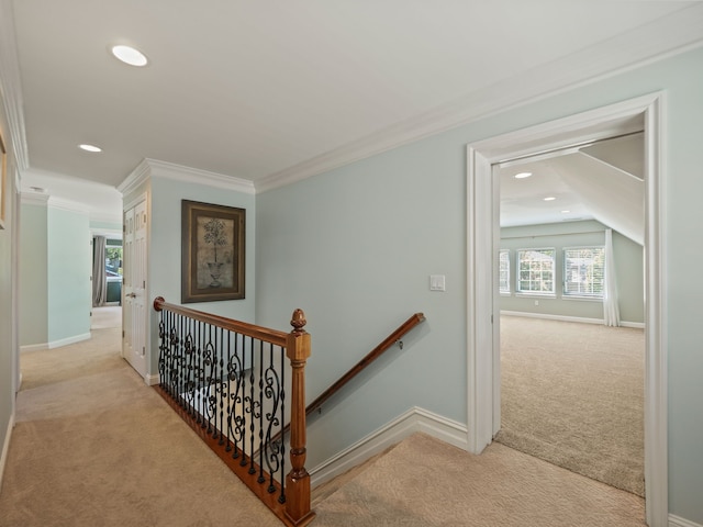 680 Pear Tree Ln, Grosse Pointe Woods, MI 48236 - hall featuring an upstairs landing, carpet, ornamental molding, recessed lighting, and baseboards