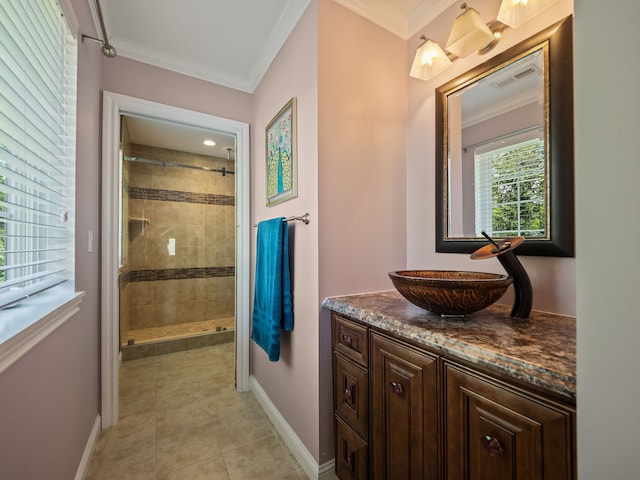 680 Pear Tree Ln, Grosse Pointe Woods, MI 48236 - full bath featuring ornamental molding, baseboards, tiled shower, tile patterned flooring, and vanity