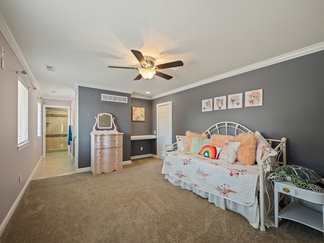 680 Pear Tree Ln, Grosse Pointe Woods, MI 48236 - bedroom with ornamental molding, carpet floors, baseboards, and ceiling fan