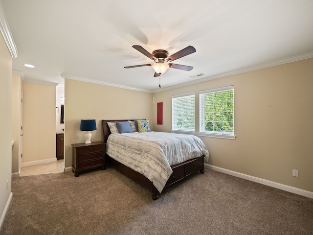 680 Pear Tree Ln, Grosse Pointe Woods, MI 48236 - carpeted bedroom with ornamental molding, baseboards, and ceiling fan