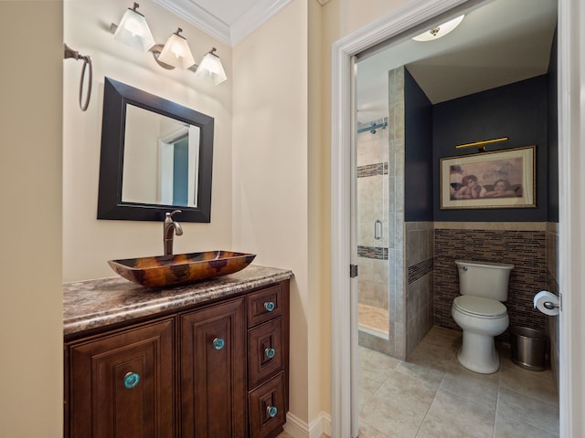 680 Pear Tree Ln, Grosse Pointe Woods, MI 48236 - bathroom with tile patterned floors, crown molding, a stall shower, toilet, and vanity
