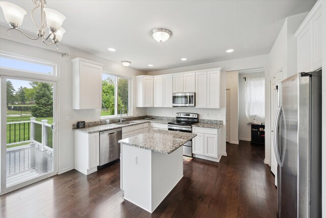 3236 Curtis, Wixom, MI 48393 - kitchen with stainless steel appliances, a sink, a chandelier, dark wood-style flooring, and recessed lighting