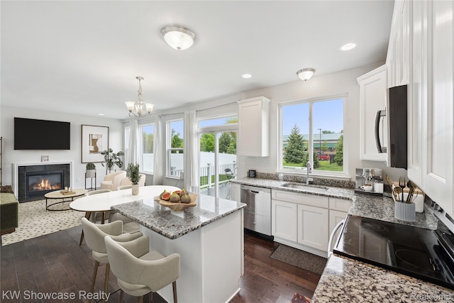 3236 Curtis, Wixom, MI 48393 - kitchen with stainless steel appliances, a glass covered fireplace, white cabinets, light stone countertops, and recessed lighting