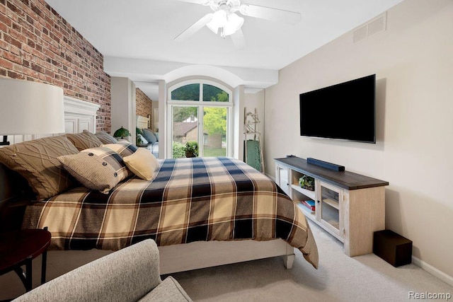 5117 Woodview Ct, Dearborn, MI 48126 - carpeted bedroom with brick wall, a ceiling fan, and baseboards