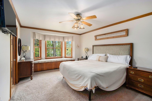14965 Loon Lake Dr, Bellevue, MI 49021 - bedroom with light colored carpet, crown molding, and ceiling fan