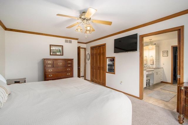 14965 Loon Lake Dr, Bellevue, MI 49021 - bedroom with ornamental molding, light colored carpet, baseboards, a closet, and ceiling fan