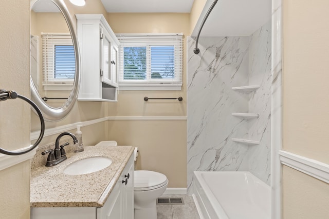 bathroom featuring tile patterned flooring, toilet, and vanity