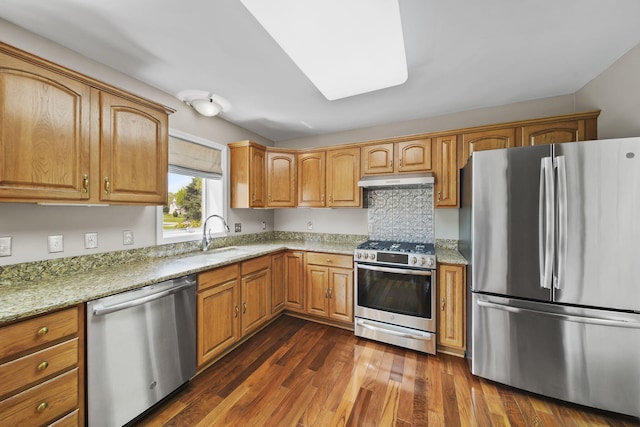 1287 Deer Run, Grass Lake, MI 49240 - kitchen featuring stainless steel appliances, a sink, under cabinet range hood, light stone counters, and dark wood-style floors