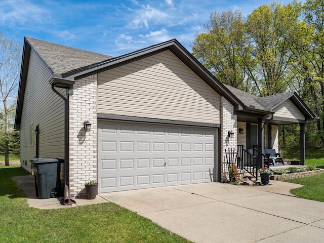 view of property exterior featuring an attached garage, brick siding, a porch, concrete driveway, and roof with shingles