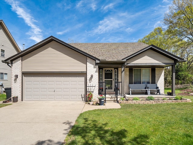ranch-style house with brick siding, concrete driveway, an attached garage, covered porch, and a front lawn