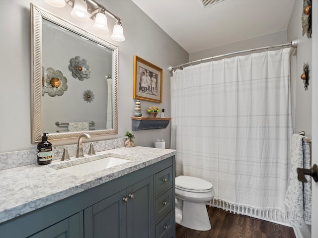 bathroom featuring toilet, vanity, and wood finished floors