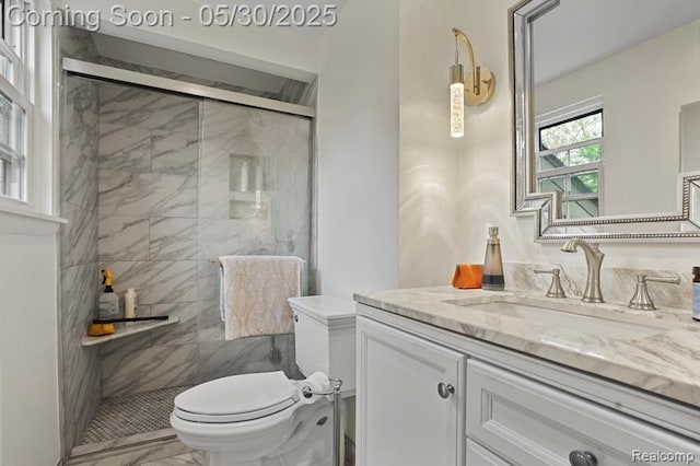29290 Prestwick St, Southfield, MI 48076 - bathroom with vanity, toilet, a stall shower, and marble finish flooring