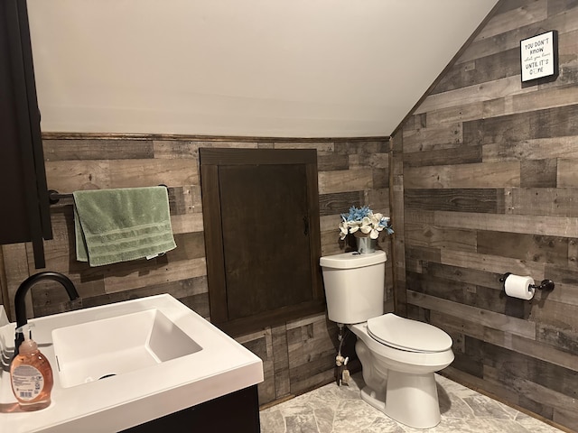 5342 E Fountain Rd, Fountain, MI 49410 - half bathroom with lofted ceiling, wooden walls, and vanity