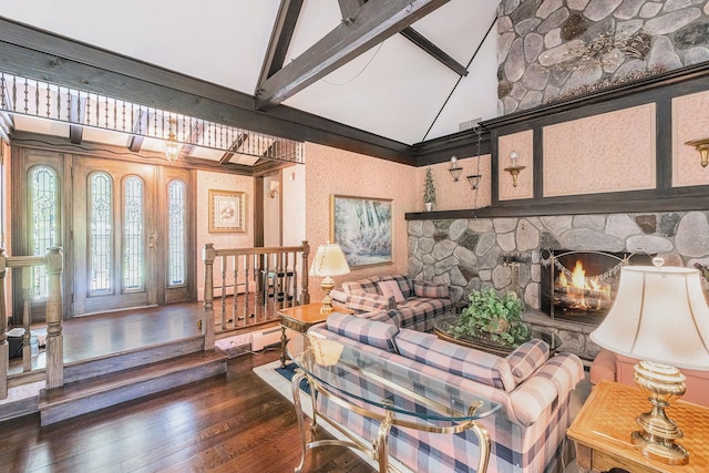 2103 E Newark Rd, Lapeer, MI 48446 - living area featuring high vaulted ceiling, hardwood / wood-style floors, baseboard heating, beam ceiling, and a fireplace