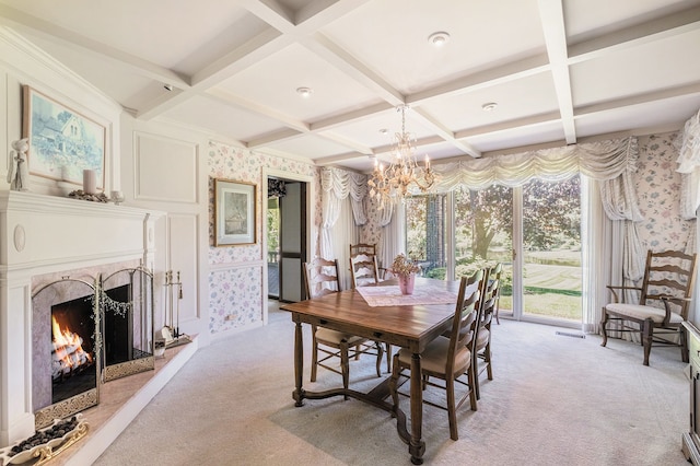 2103 E Newark Rd, Lapeer, MI 48446 - dining room featuring wallpapered walls, light colored carpet, coffered ceiling, a chandelier, and beam ceiling