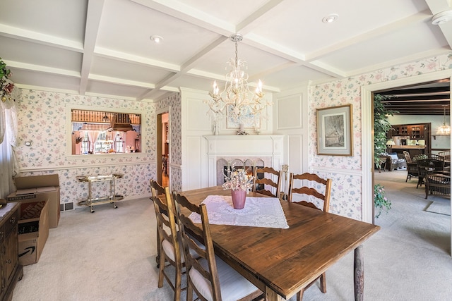 2103 E Newark Rd, Lapeer, MI 48446 - dining room featuring wallpapered walls, light colored carpet, coffered ceiling, a chandelier, and beamed ceiling