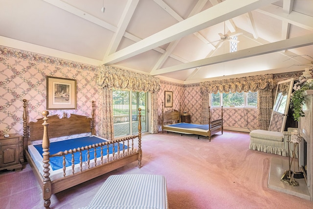 2103 E Newark Rd, Lapeer, MI 48446 - carpeted bedroom featuring wallpapered walls, beamed ceiling, high vaulted ceiling, multiple windows, and access to outside