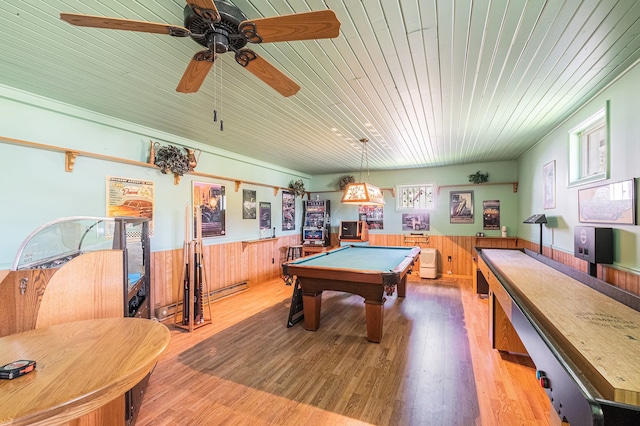 2103 E Newark Rd, Lapeer, MI 48446 - rec room featuring wainscoting, wood ceiling, pool table, wood finished floors, and ceiling fan