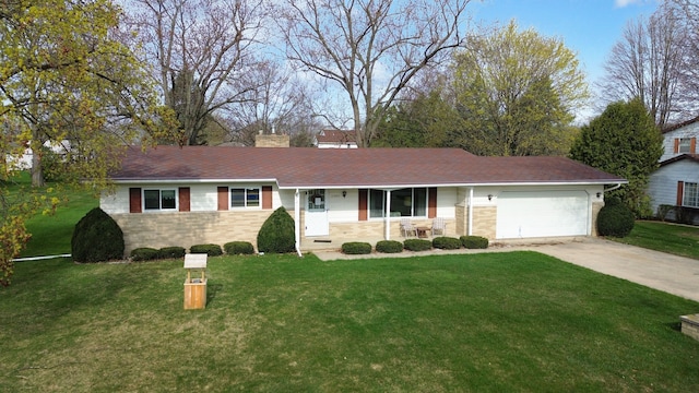 11365 Runnells Dr, Clio, MI 48420 - ranch-style home with covered porch, a garage, concrete driveway, a front yard, and a chimney