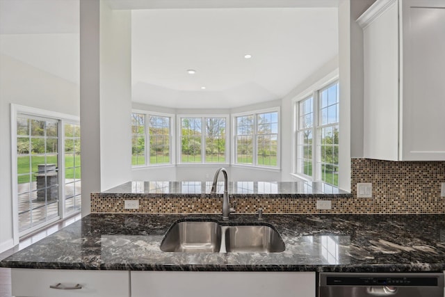 1840 Tapadera Dr, Ann Arbor, MI 48103 - kitchen with a sink, dark stone countertops, decorative backsplash, dishwasher, and white cabinetry