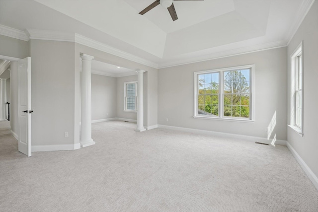 1840 Tapadera Dr, Ann Arbor, MI 48103 - spare room with light colored carpet, healthy amount of natural light, ceiling fan, a raised ceiling, and ornamental molding