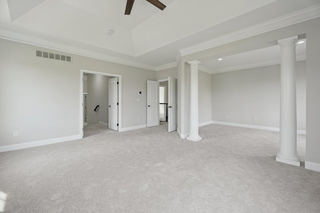1840 Tapadera Dr, Ann Arbor, MI 48103 - unfurnished bedroom featuring decorative columns, light colored carpet, crown molding, baseboards, and ceiling fan