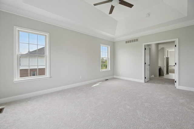 1840 Tapadera Dr, Ann Arbor, MI 48103 - unfurnished bedroom featuring a raised ceiling, baseboards, ornamental molding, light carpet, and a ceiling fan