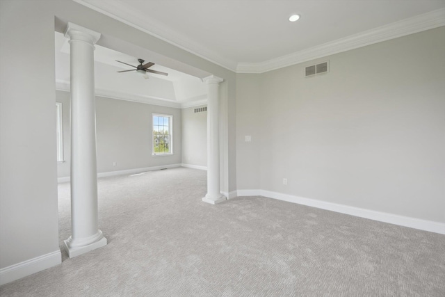 1840 Tapadera Dr, Ann Arbor, MI 48103 - carpeted empty room featuring ornate columns, ornamental molding, a ceiling fan, baseboards, and recessed lighting