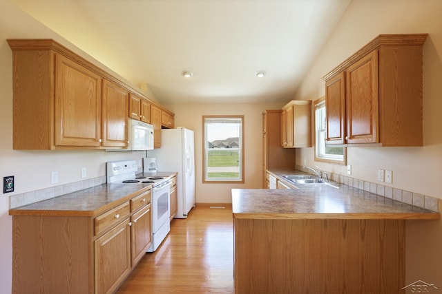 1 Sanctuary Way, Freeland, MI 48623 - kitchen with white appliances, a sink, healthy amount of natural light, light wood-type flooring, and vaulted ceiling